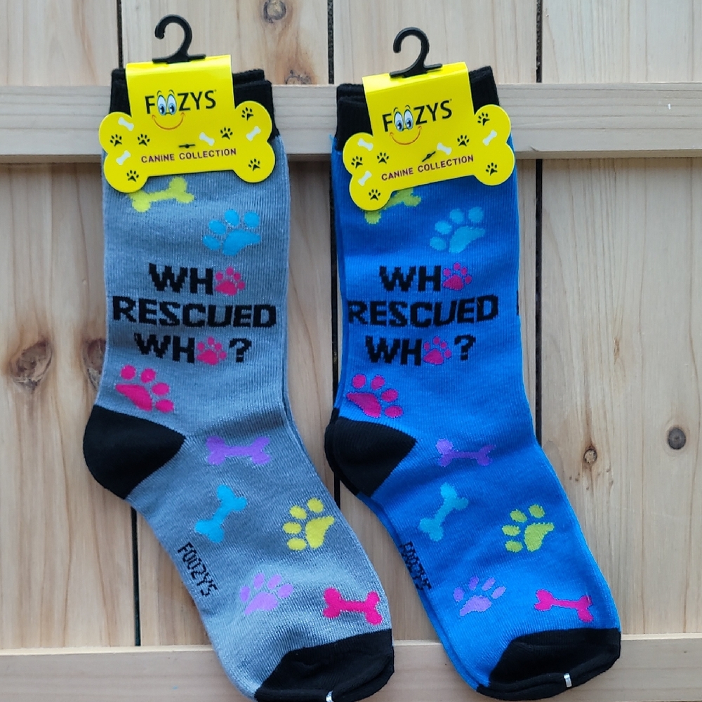 NWT Foozy's Unisex Who Rescued Who? Socks - Gray and Royal Blue